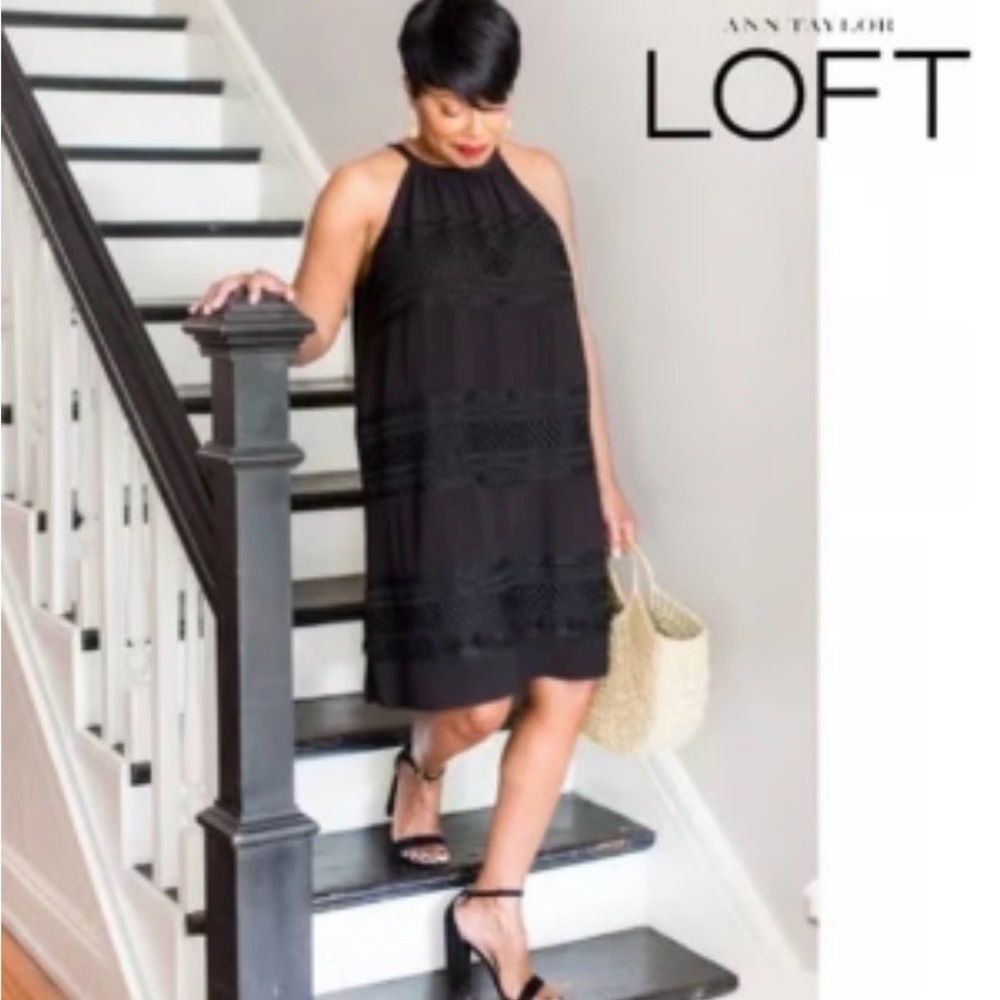 LOFT PETITES Tassel Halter Swing Dress in Black -Small